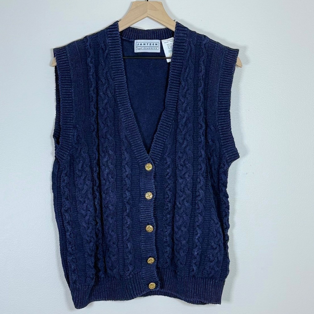 Jantzen Womens Vintage Cable Knit Sweater Vest Size L Blue Relaxed Layering Fall